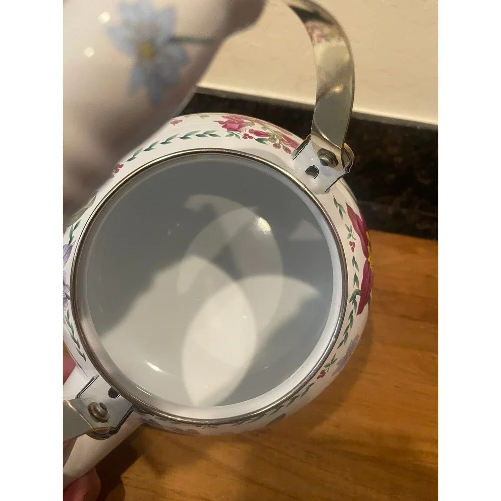 MIKASA ENAMELED METAL TEA POT KETTLE FLOWERS